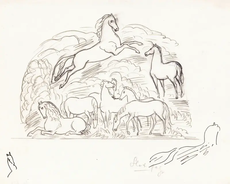 Teckningsblad med hästar av Leo Gestel