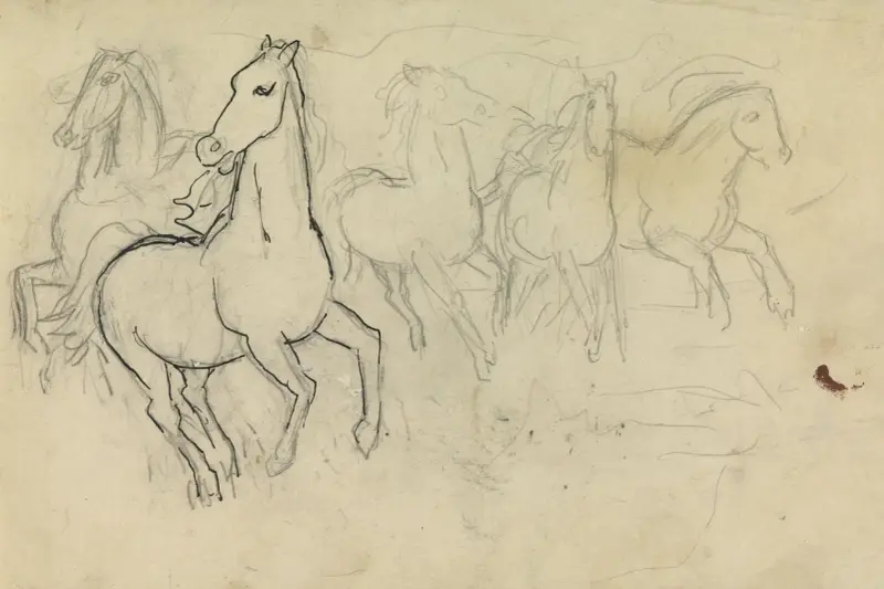 Skissblad med häststudier av Leo Gestel