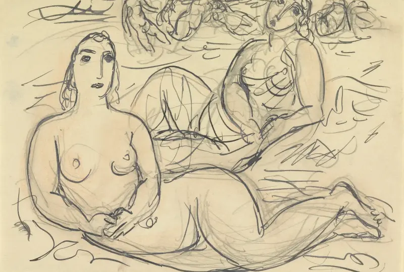 Skissblad med två nakna kvinnor vid vattnet av Leo Gestel