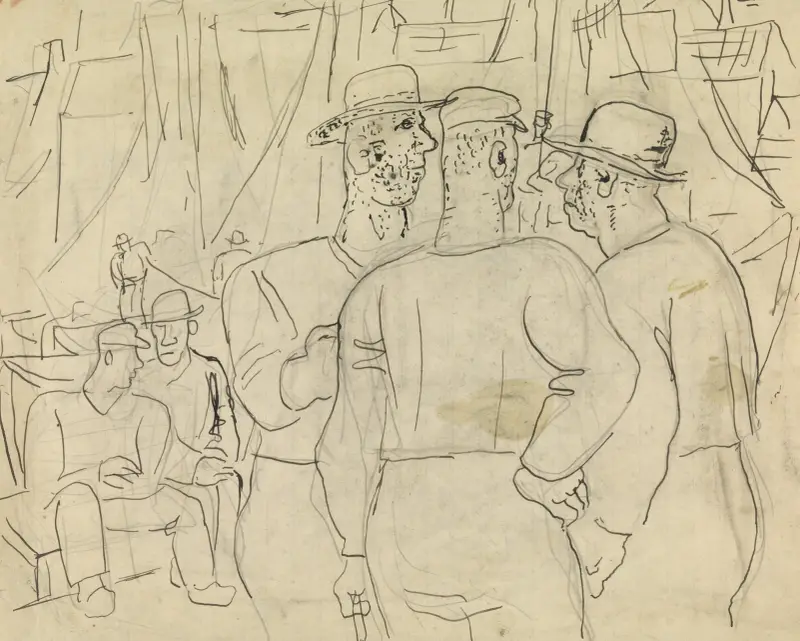Skissblad med fiskare i en hamn av Leo Gestel