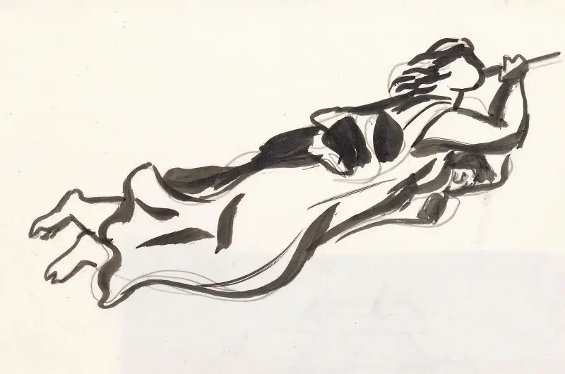Skissblad med svävande kvinna med trumpet av Leo Gestel