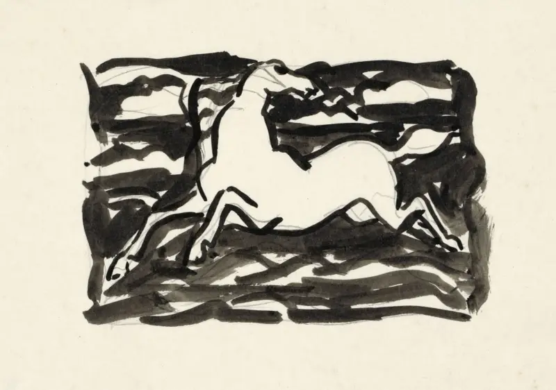 Springendes Pferd mit zurückgewandtem Kopf in einem Rahmen mit Wellen im Hintergrund von Leo Gestel