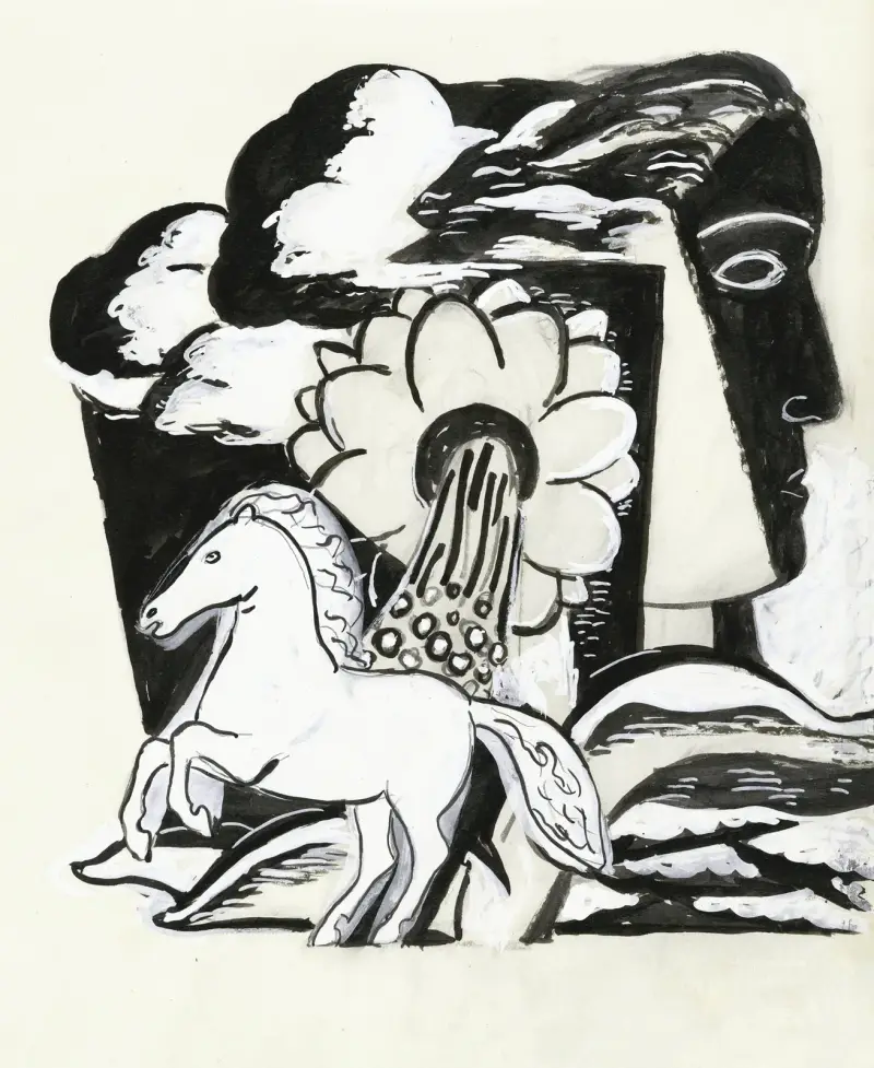 Stegrande häst, blomma och kopp (skiss) av Leo Gestel