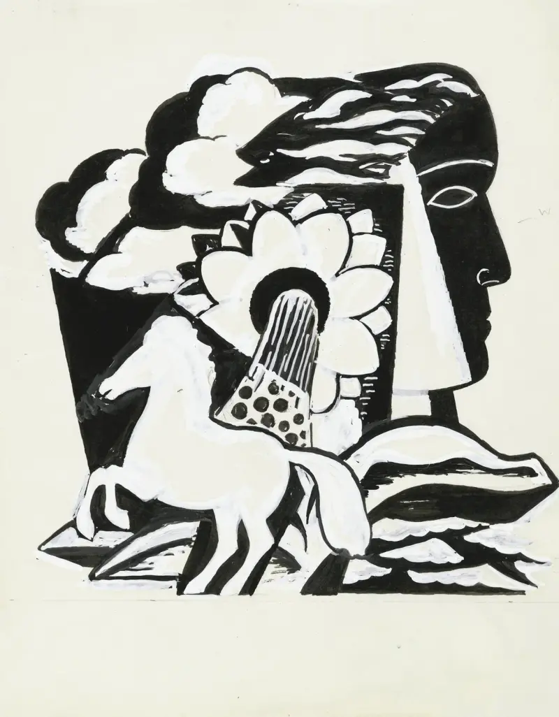 Stegrande häst, blomma och kopp av Leo Gestel