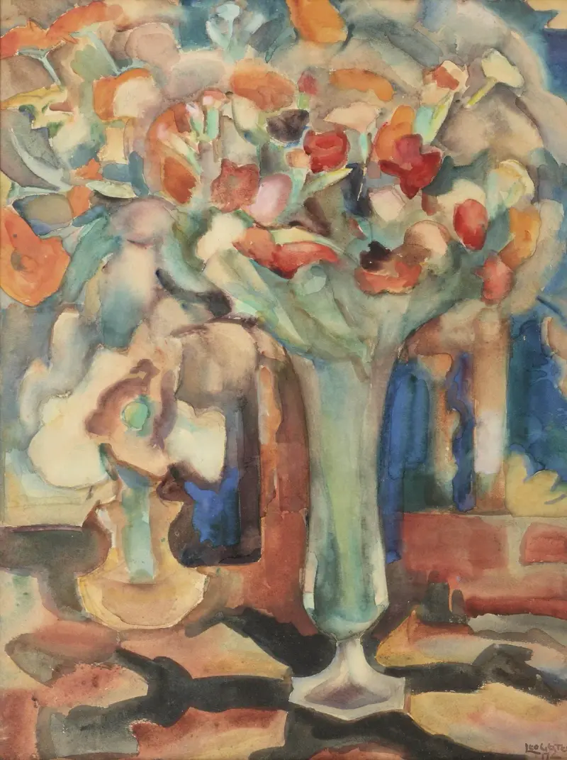 Stilleben med blommor i glasvas av Leo Gestel