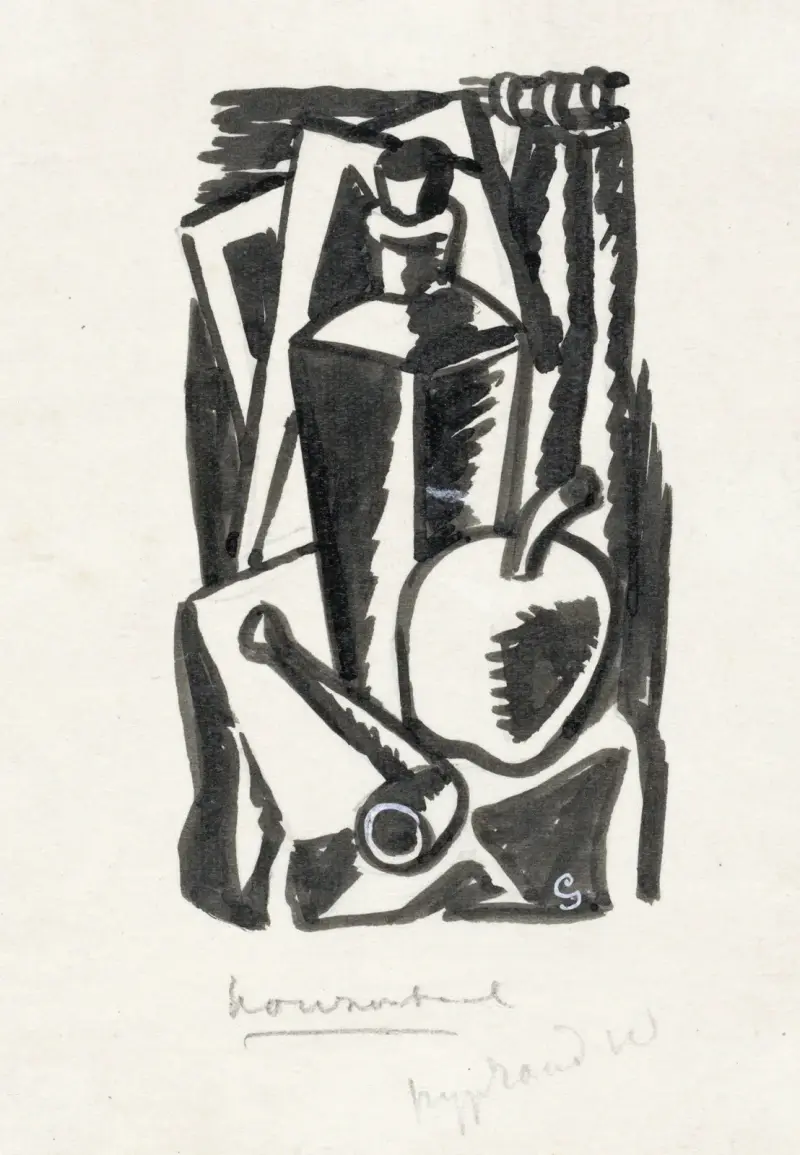 Stilleben med äpple, pipa och flaska av Leo Gestel