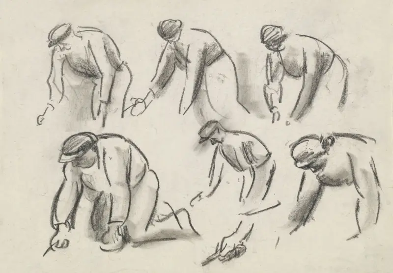 Studieblad med 6 skisser av knälående potatisplockare av Leo Gestel