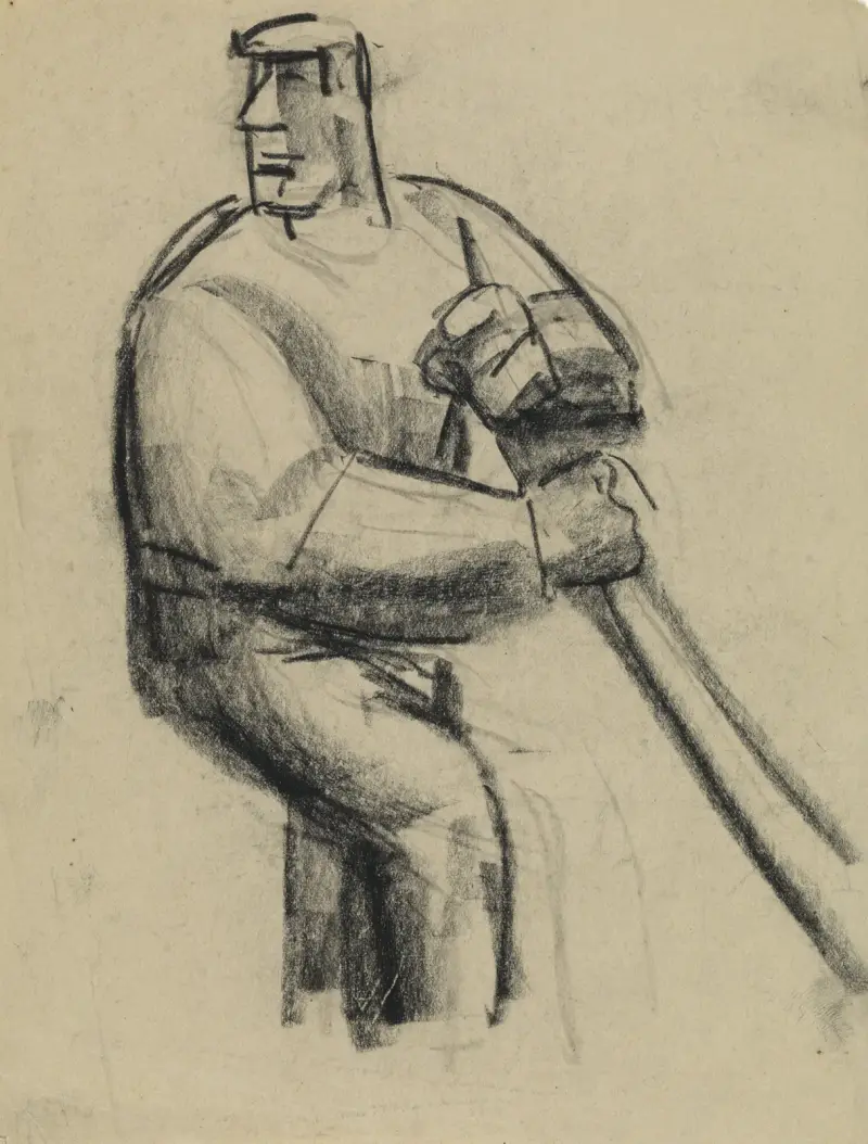 Studieblad med man med käpp i handen av Leo Gestel