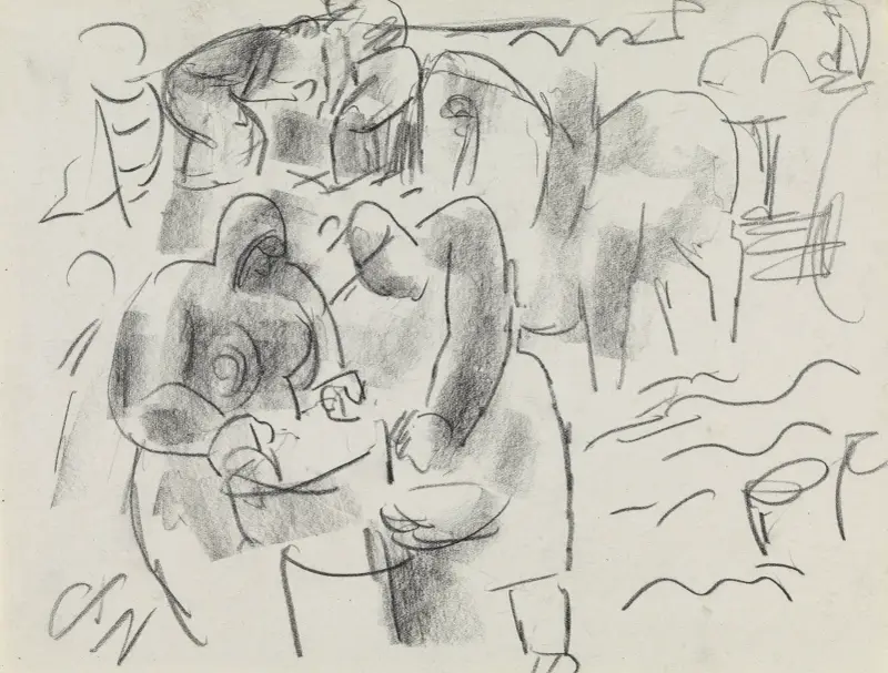 Studieblad med människor och en häst med vagn av Leo Gestel