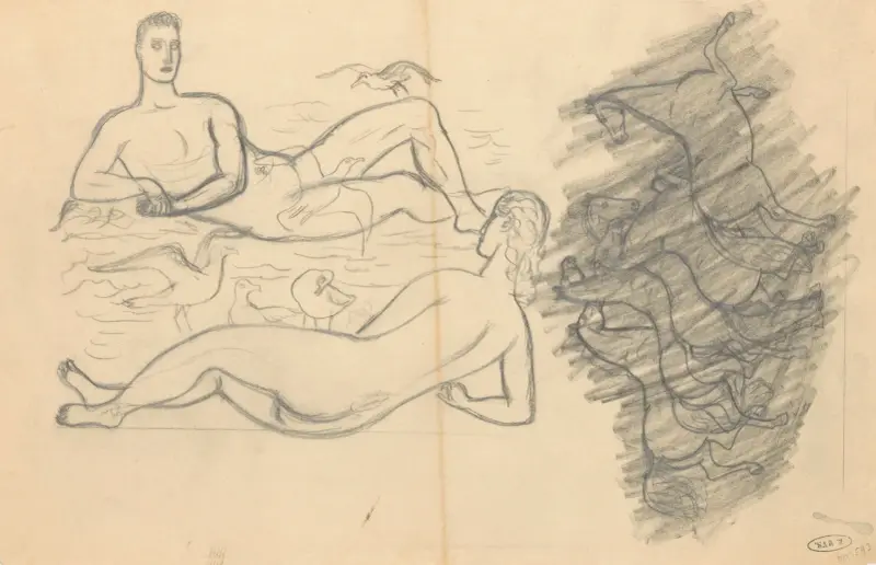 Studieblad med naken man och kvinna på stranden av Leo Gestel