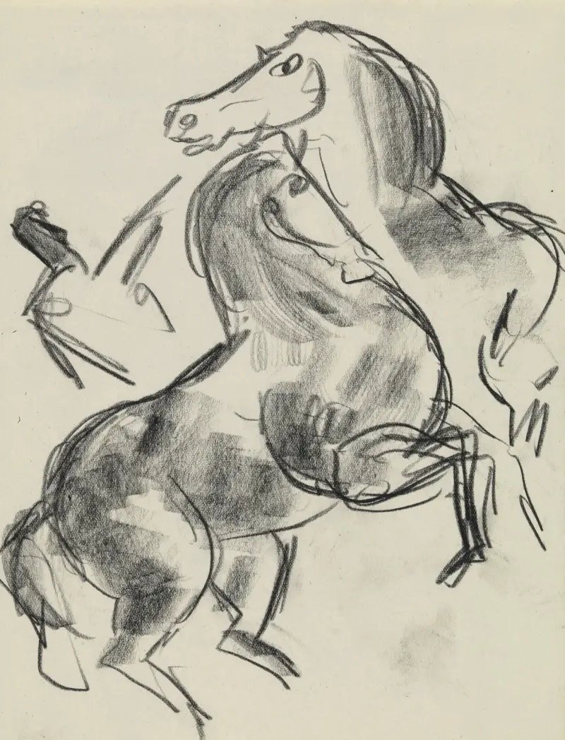 Studieblad med hästar och en person av Leo Gestel