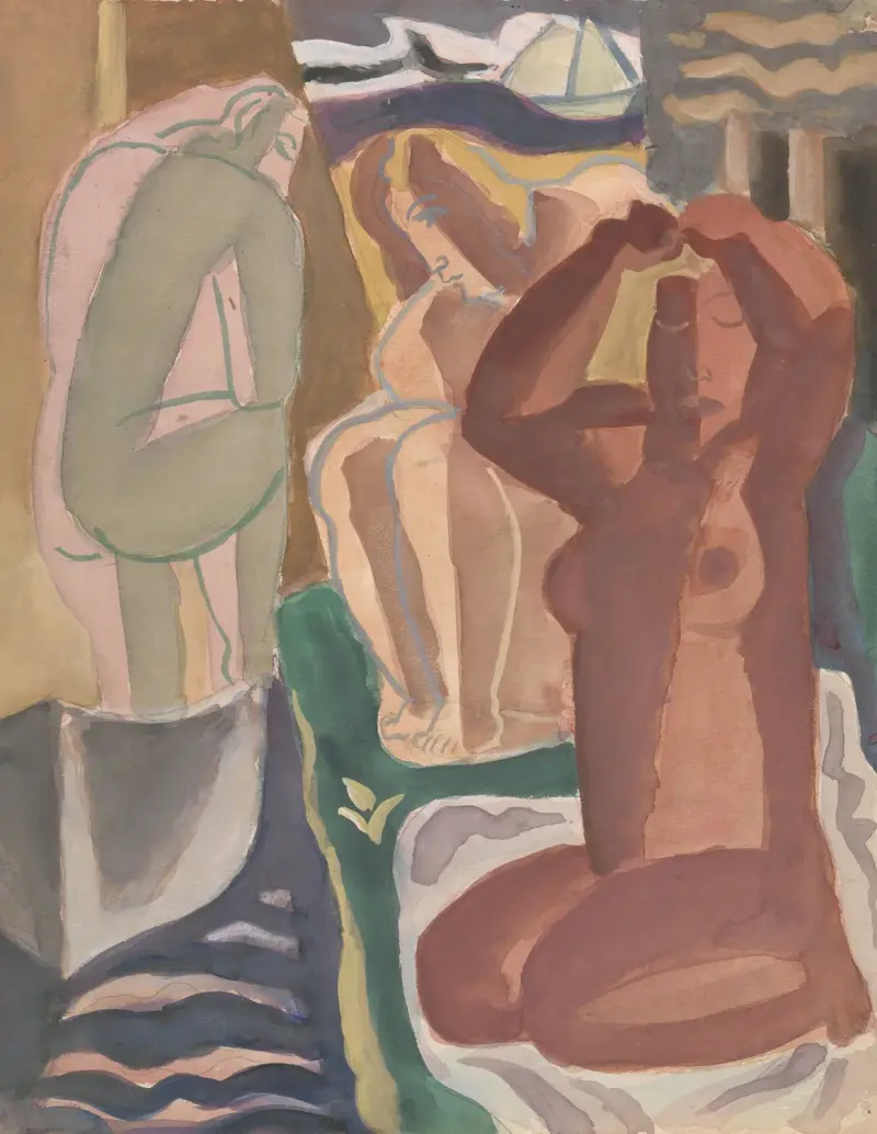 Två badande kvinnor och en ryggfigur av Leo Gestel