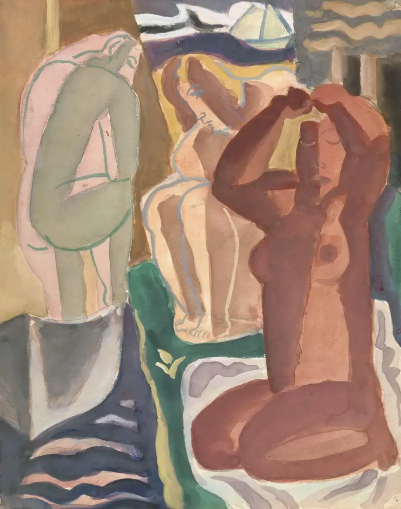 Twee badende vrouwen en een rugfiguur av Leo Gestel