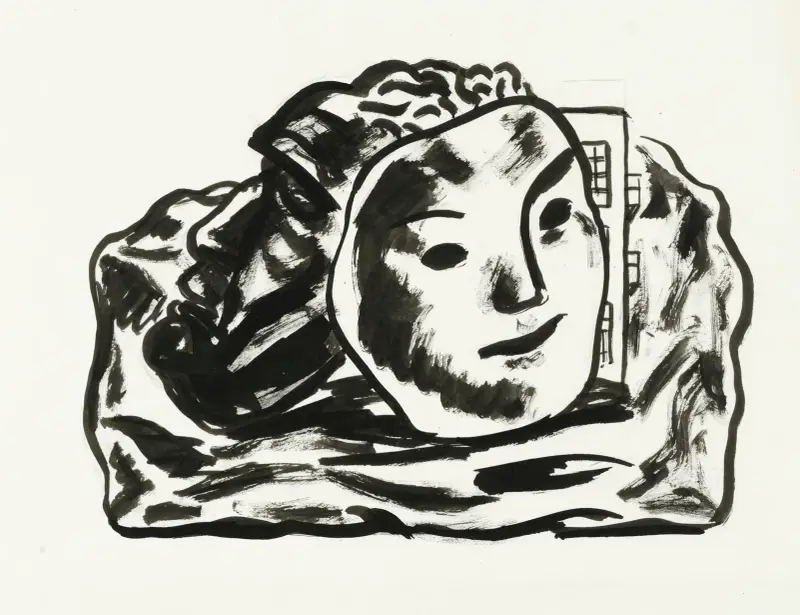 Två masker framför byggnad och klippor (skiss) av Leo Gestel