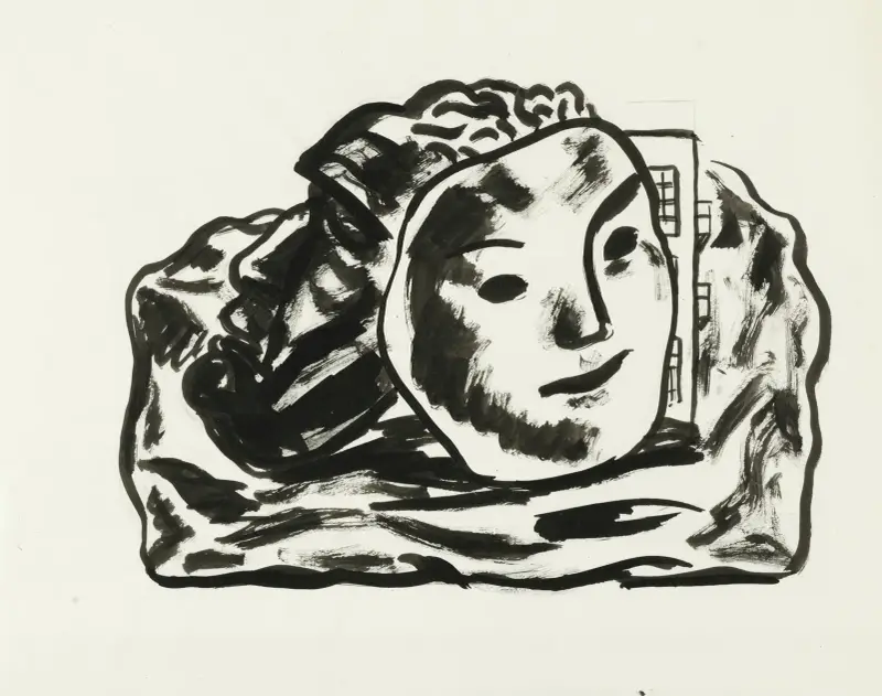 Två masker framför byggnad och klippor (skiss) av Leo Gestel