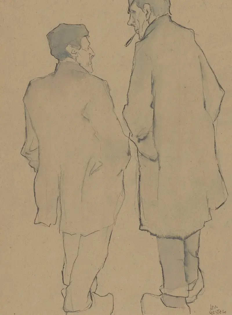 Två vandrande bönder i samtal av Leo Gestel