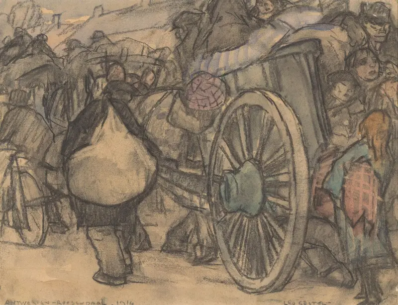 Flyktingar på väg från Antwerpen till Roosendaal, 1914 av Leo Gestel