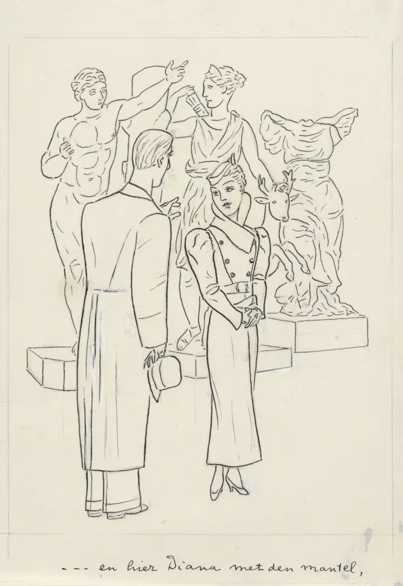 Kvinna och man framför några skulpturer av Leo Gestel