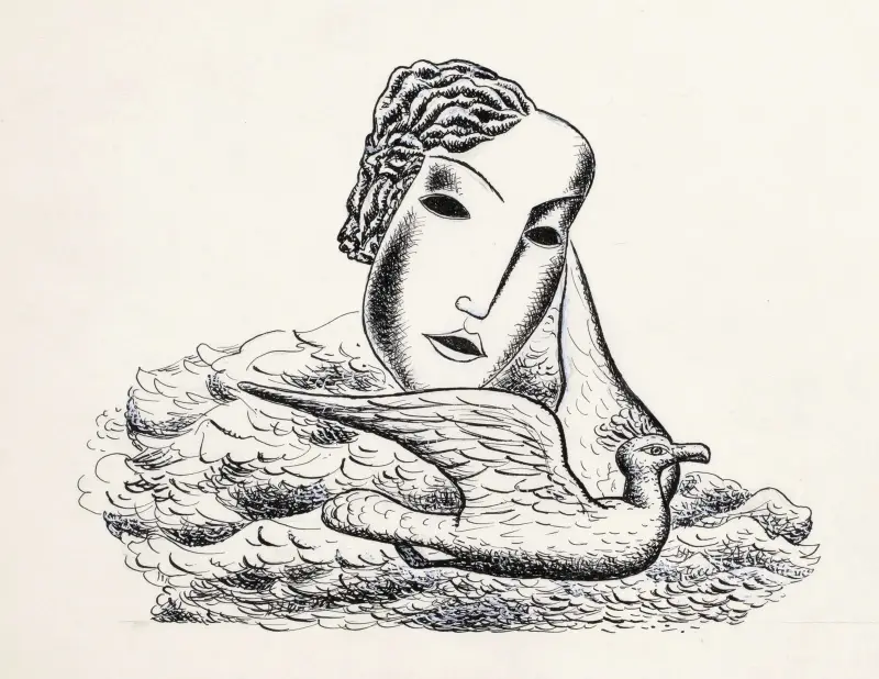Kvinnohuvud med fågel (skiss) av Leo Gestel