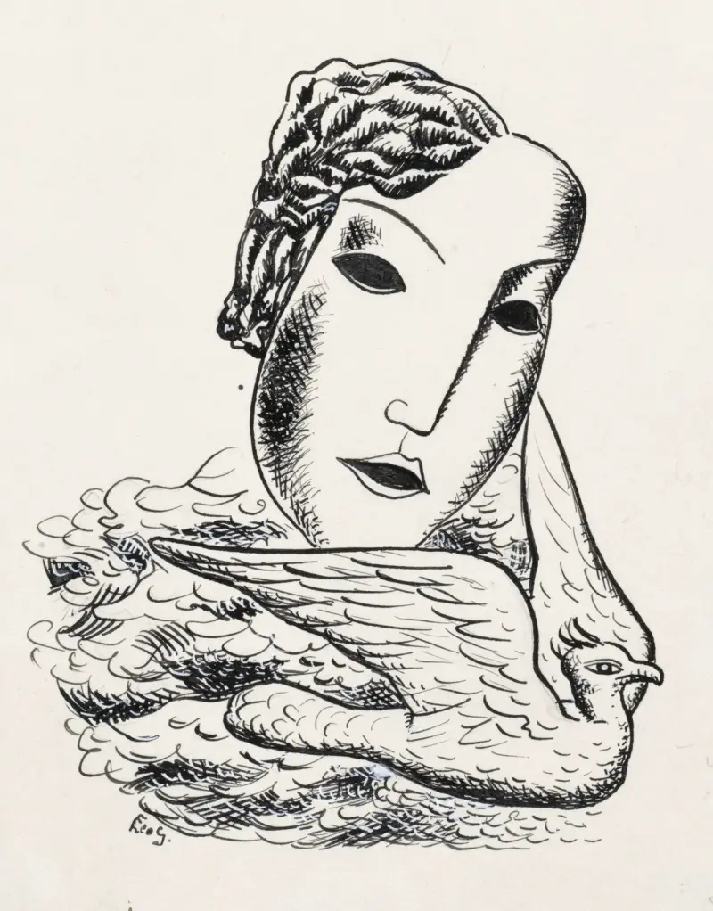 Kvinnohuvud med fågel (skiss) av Leo Gestel