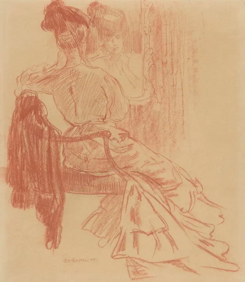 Sittande dam framför spegel av Leo Gestel