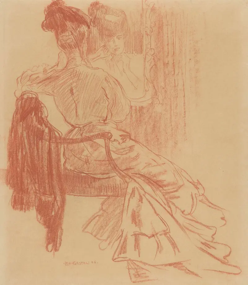 Sittande dam framför spegel av Leo Gestel