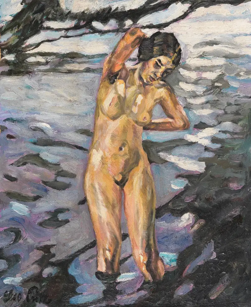Badande, stående kvinnlig nakenakt av Leo Putz