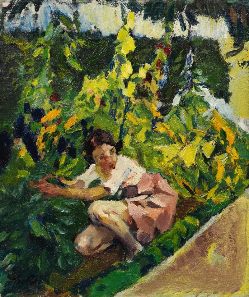 Toni im Blumenbeet av Leo Putz