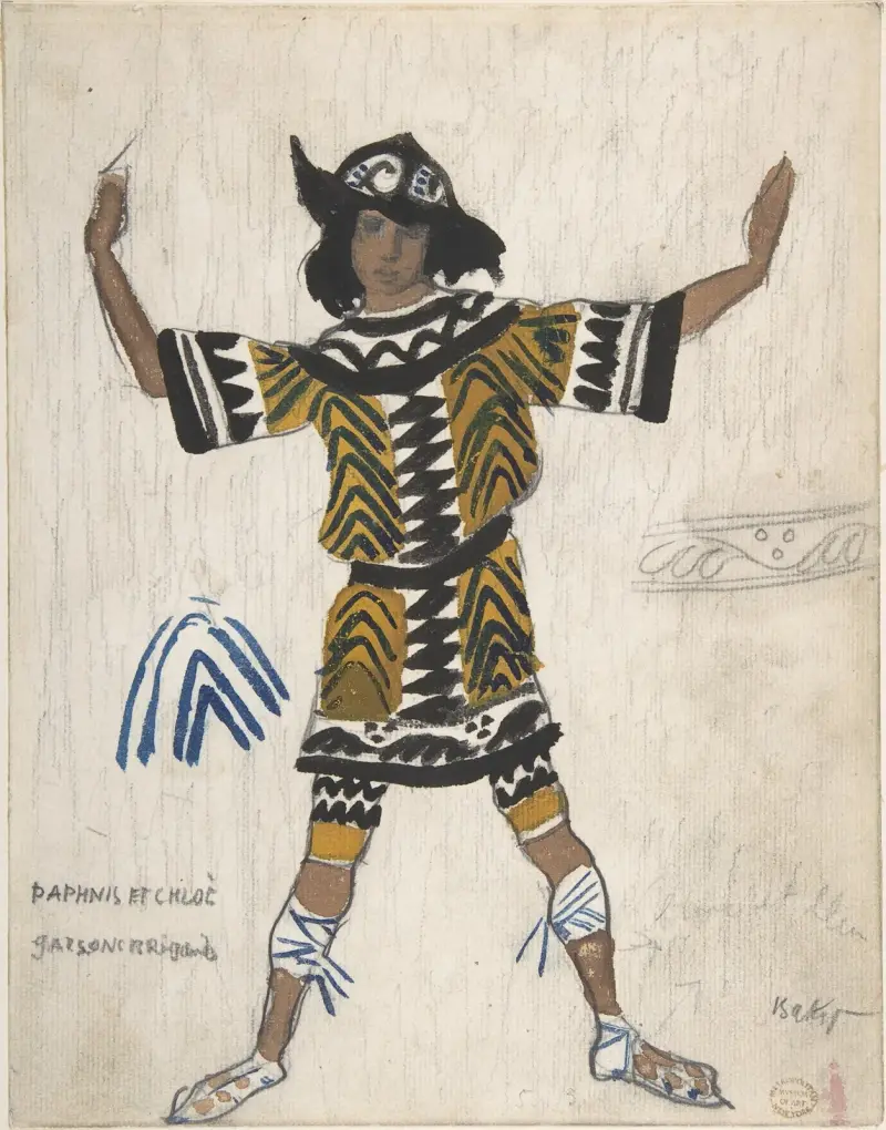 Costume design for a Brigand Boy in the Ballet ‘Daphnis and Chloé’, performed at the Théâtre du Châtelet in Paris av Léon Bakst