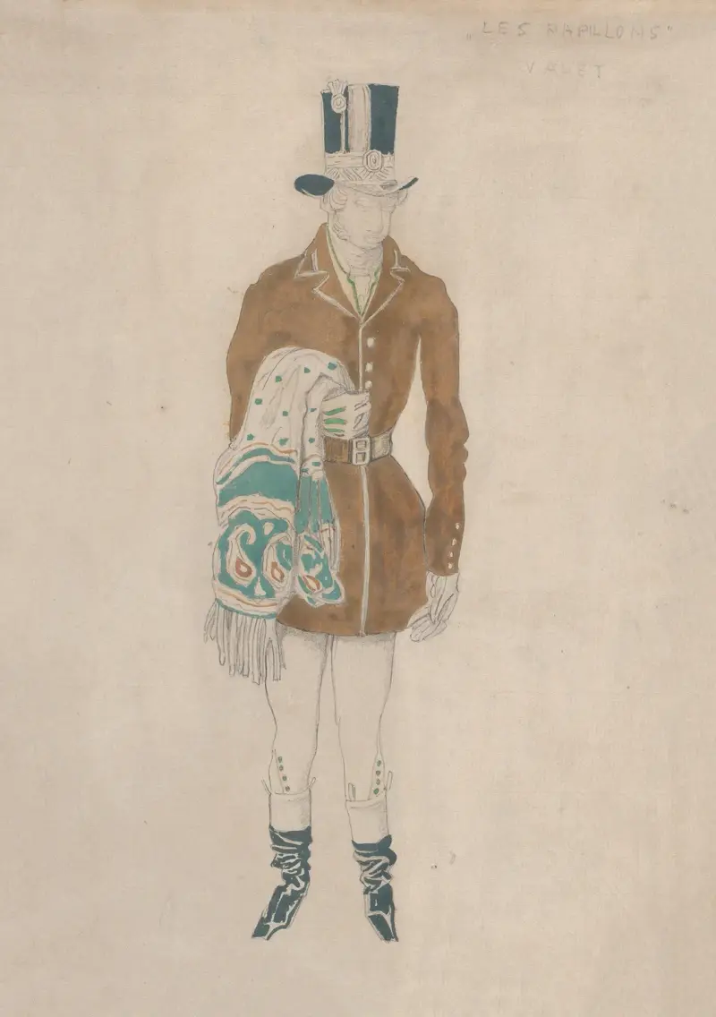 Kostymdesign för en kammartjänare, troligen till baletten ’Les Papillons’ av Léon Bakst