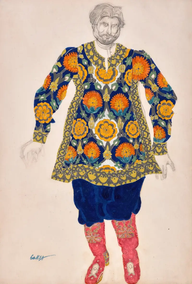 Kostymdesign för ”Sadko”; Man i broderad skjorta och röda stövlar av Léon Bakst
