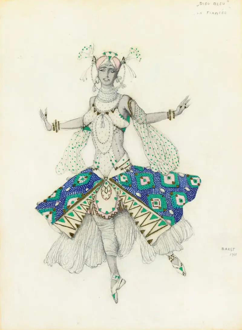 Kostymdesign för Tamara Karsavina som La Fiancée i Le Dieu Bleu av Léon Bakst