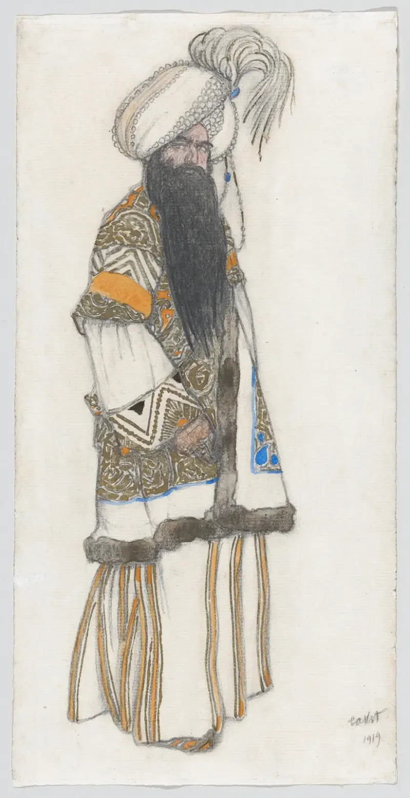Kostymdesign för ’Sultan Samarkand’ till baletten ’Schéhérazade’ av Léon Bakst