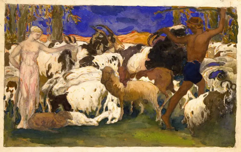 Landskap med herdar, scenografi till baletten ”Daphnis och Chloé” av Léon Bakst