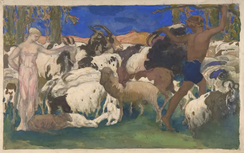 Landskap med herdar, scenografi till baletten 'Daphnis och Chloé' av Léon Bakst