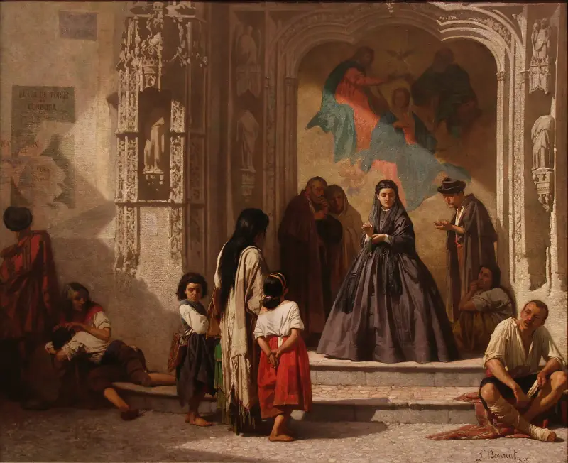 Junge Frau, Almosen spendend am Eingang der Kapelle des San-Sebastián-Krankenhauses in Córdoba von Léon Bonnat