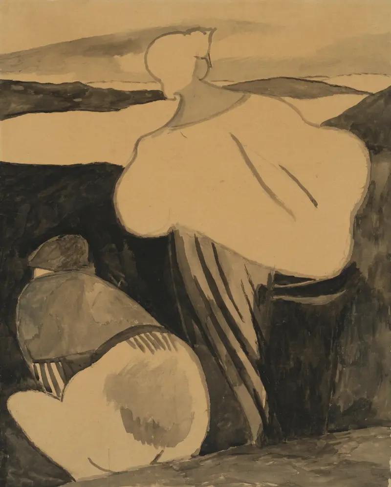 Fiskarhustrur i sanddynerna, sedda bakifrån av Léon Spilliaert