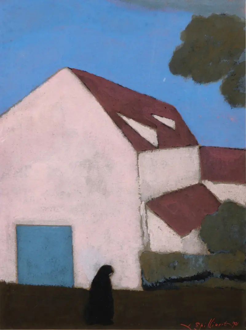 Gård med rosa fasad, kvinna i silhuett av Léon Spilliaert