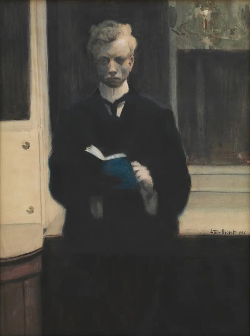 Självporträtt med blå skissbok av Léon Spilliaert
