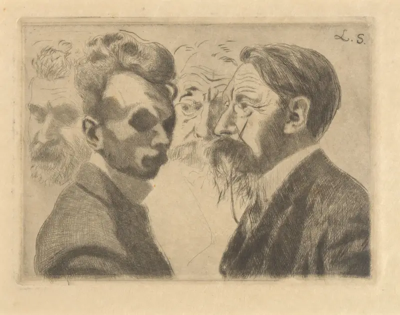Selbstbildnis mit Doppelporträt von Emile Verhaeren und Porträt von Edmond Deman von Léon Spilliaert