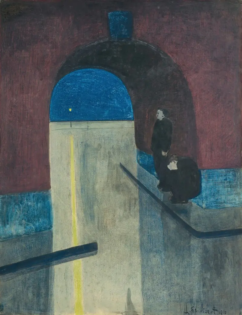 En man och en kvinna som söker skydd under en valvbåge vid Drie Gapers, Ostende av Léon Spilliaert