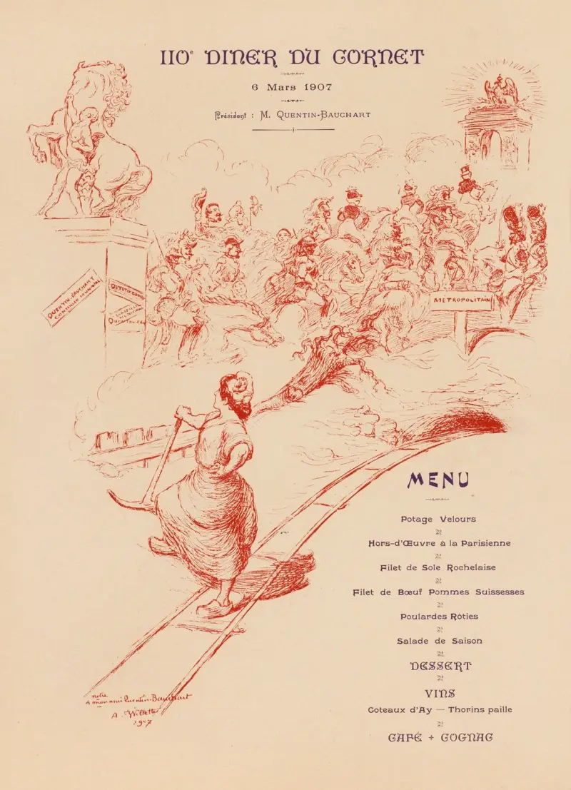 110:e middagen hos Gornet 6 mars 1907, ordförande M. Quentin-Bauchart, meny till min vän Quentin Bauchart av Adolphe Léon Willette