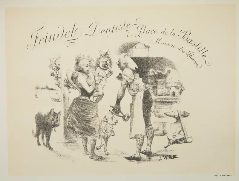 Visitkort för den parisiske tandläkaren Feindel av Adolphe Léon Willette