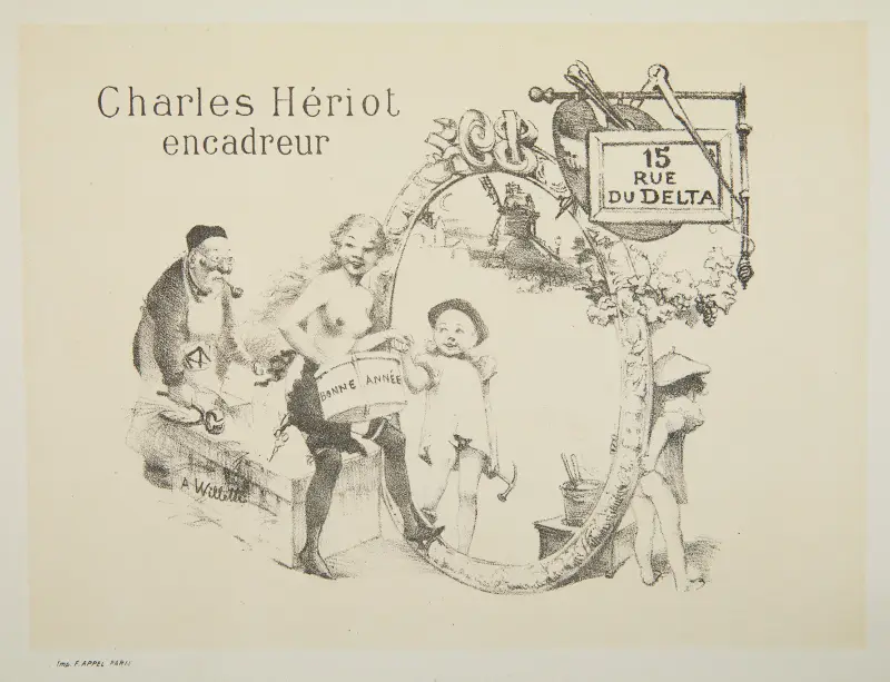 Address card with New Year’s greetings – advertisement for Parisian framer Charles Heriot av Adolphe Léon Willette