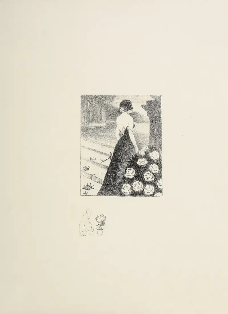Lady (Colombina) stående i parken vid en rosenbuske av Adolphe Léon Willette
