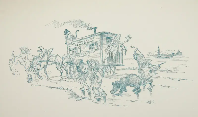 Titelsida från programmet för teatern 'La Roulotte' av Adolphe Léon Willette