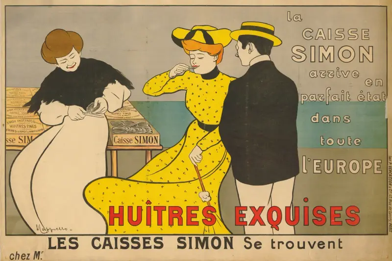 La Caisse Simon arrive en parfait état dans toute l’Europe Huîtres Exquises Les Caisses Simon se trouvent chez Mr. av Leonetto Cappiello