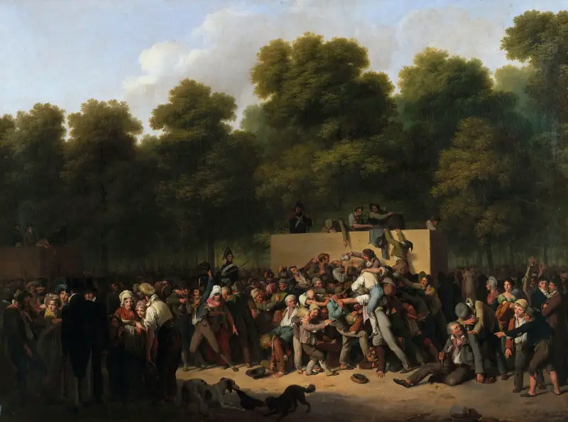 Distribution de Vin Et De Comestibles Aux Champs-Elysées, À L’occasion De La Fête Du Roi. av Louis-Léopold Boilly