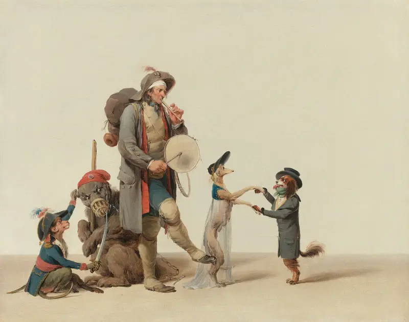 ‘la Pièce Curieuse’; An Animal Trainer With Dancing Dogs, A Bear And Monkey av Louis-Léopold Boilly