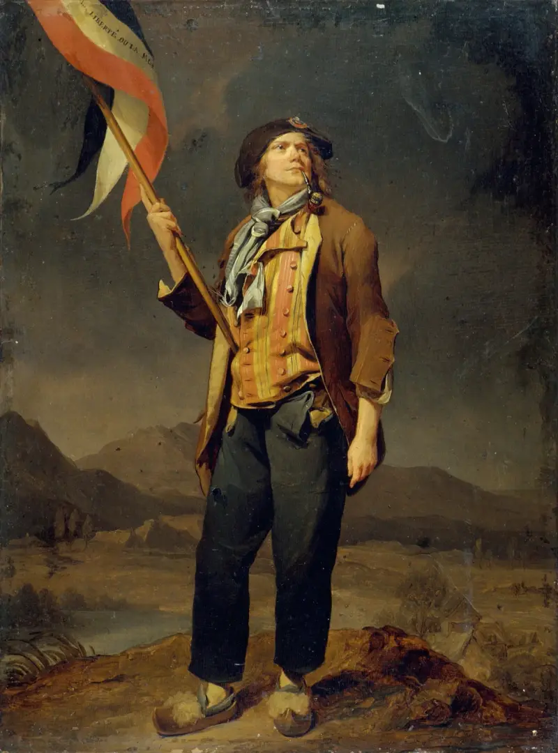 Portrait du chanteur Simon Chenard (1758-1832), en costume de sans-culotte, portant un drapeau à la fête de la liberté de la Savoie, le 14 octobre 1792 av Louis-Léopold Boilly